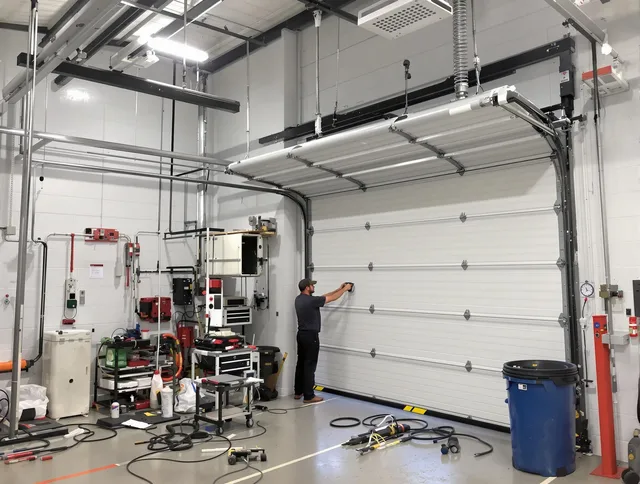 West Hartford Garage Door Repair certified technician performing commercial door repair at a West Hartford business facility