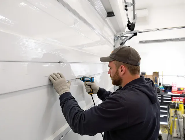 West Hartford Garage Door Repair technician demonstrating precision dent removal techniques on a West Hartford garage door