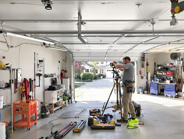 West Hartford Garage Door Repair specialist performing laser-guided track alignment in West Hartford